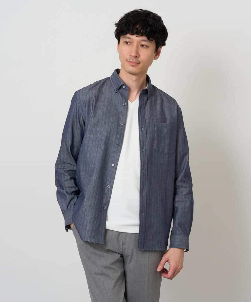 KHBKD21069 a.v.v MEN(アー・ヴェ・ヴェ) ＼上品に整う、大人のシャツ／ ヘリンボーンダブルフェイスシャツ【洗濯機で洗える/毛玉になりにくい】 グレー