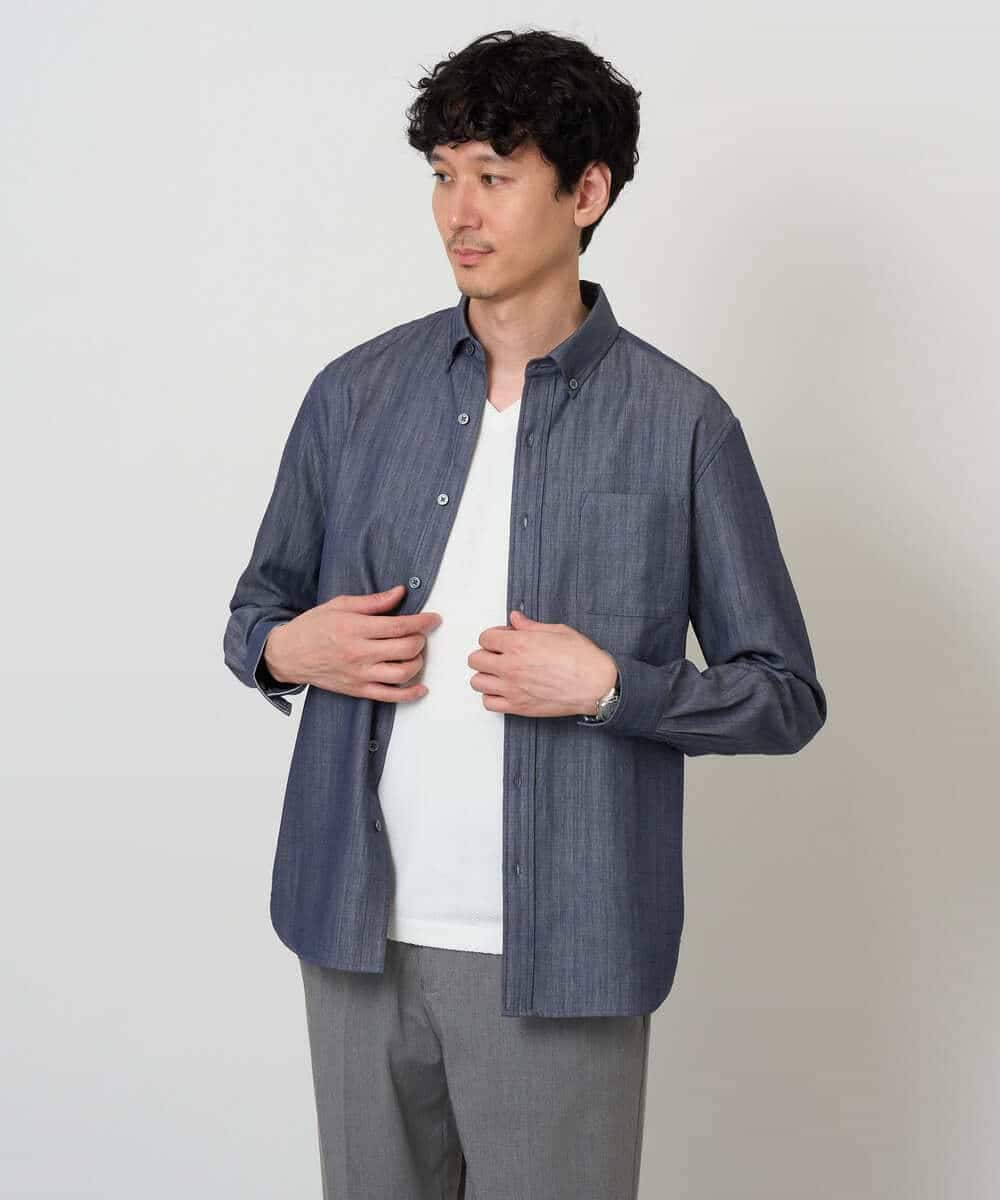 KHBKD21069 a.v.v MEN(アー・ヴェ・ヴェ) ＼上品に整う、大人のシャツ／ ヘリンボーンダブルフェイスシャツ【洗濯機で洗える/毛玉になりにくい】 グレー