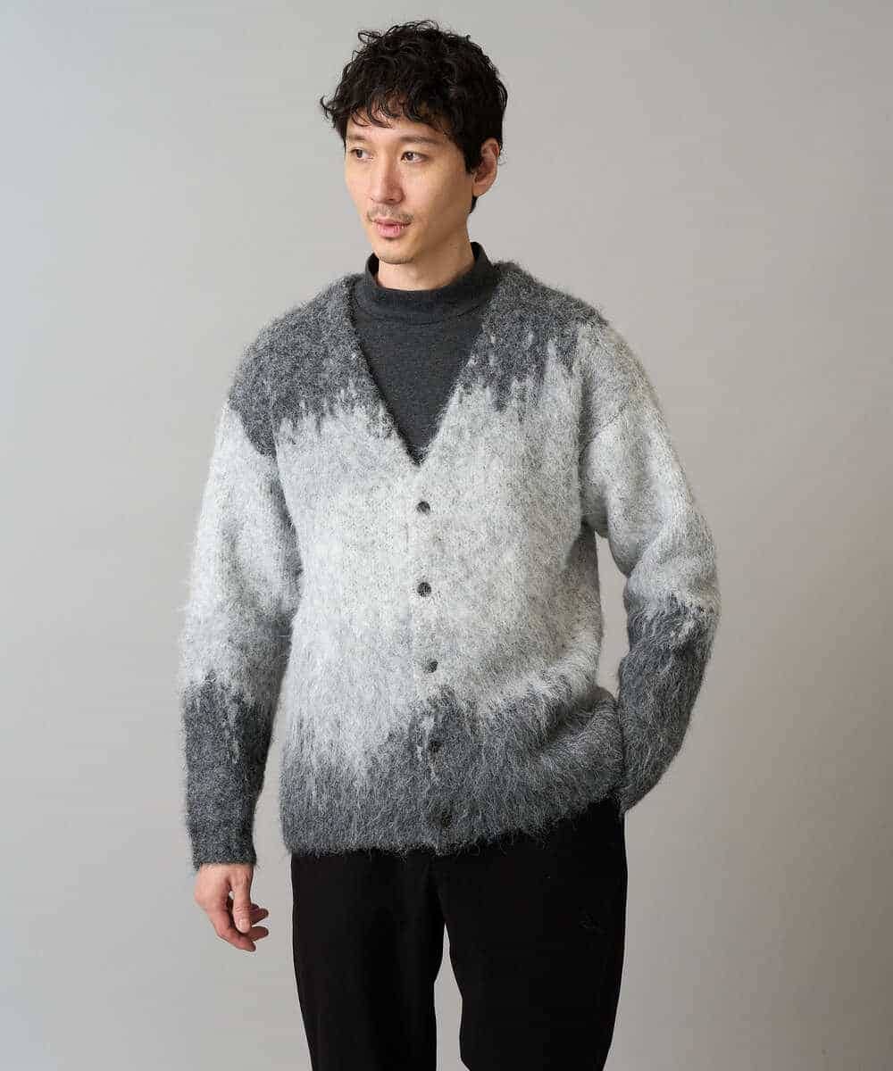 KHCLA25089 a.v.v MEN(アー・ヴェ・ヴェ) ボカシ柄起毛シャギーワイドカーディガン ダークグレー系
