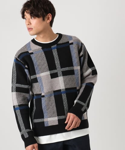 KHFAA25069 a.v.v MEN 【洗濯機で洗える】チェック柄クルーネックニット