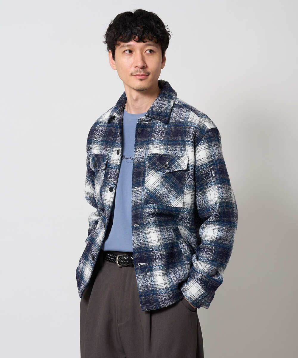 KHJLD27099 a.v.v MEN(アー・ヴェ・ヴェ) ＼秋の羽織りにおすすめ／ツイードチェックCPOジャケット【洗濯機で洗える】 ライトグレー