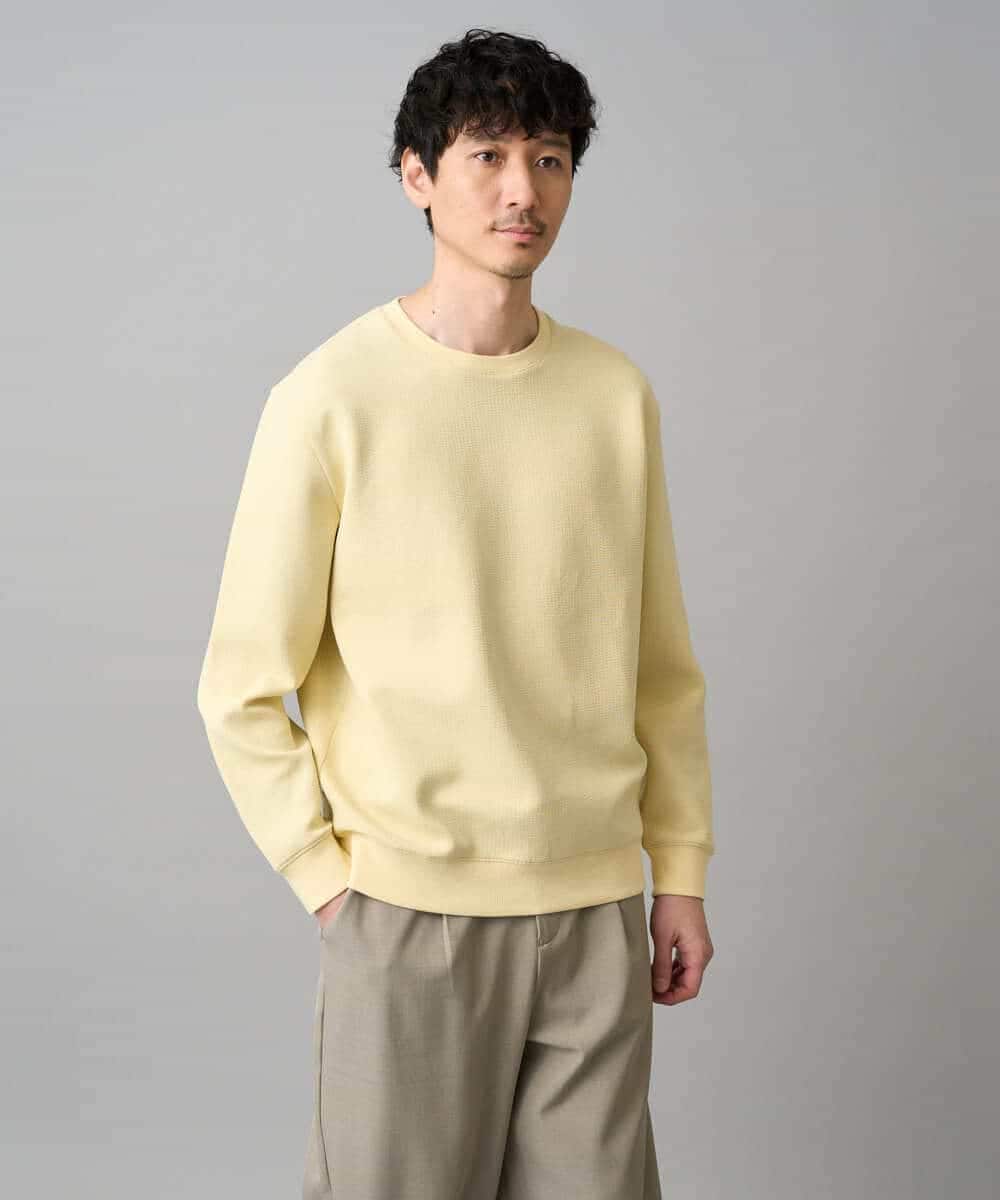 KHKED08059 a.v.v MEN(アー・ヴェ・ヴェ) ＼初秋におすすめ／【イージーケア/洗濯機で洗える/毛玉になりにくい/ストレッチ】サッカーダンボールプルオーバー ライトイエロー