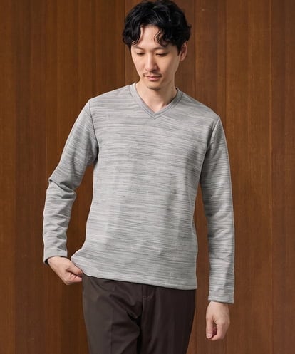 KHKLD79049 a.v.v MEN ＼秋ジャケット映えカットソー／スラブメランジＶネックスマートＴシャツ【スマート/イージーケア/洗濯機で洗える】