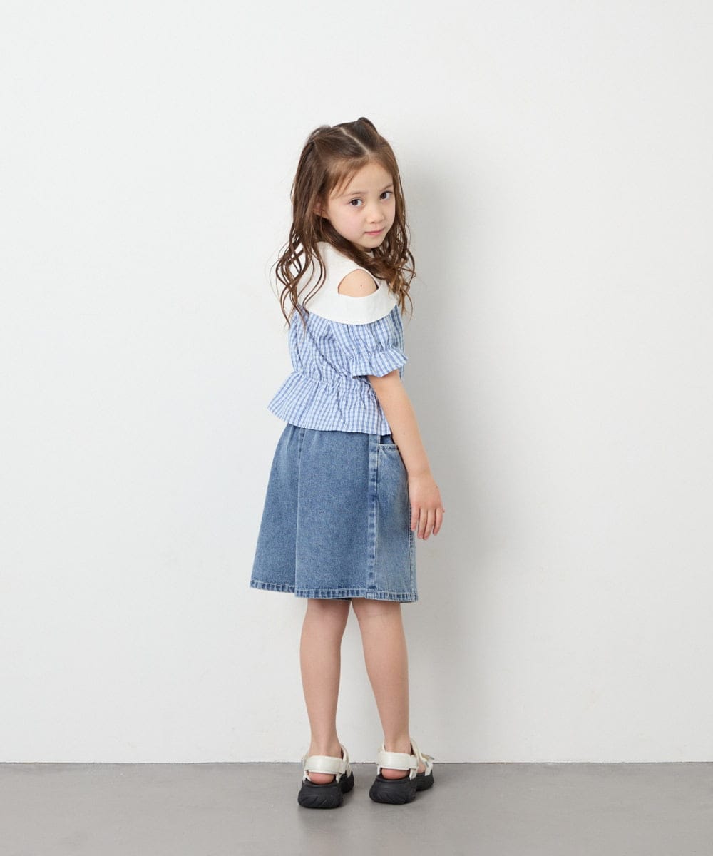 KJBFD55039 a.v.v KIDS(アー・ヴェ・ヴェ) [120-160]バイカラーチェックレイヤード風ブラウス ライトブルー
