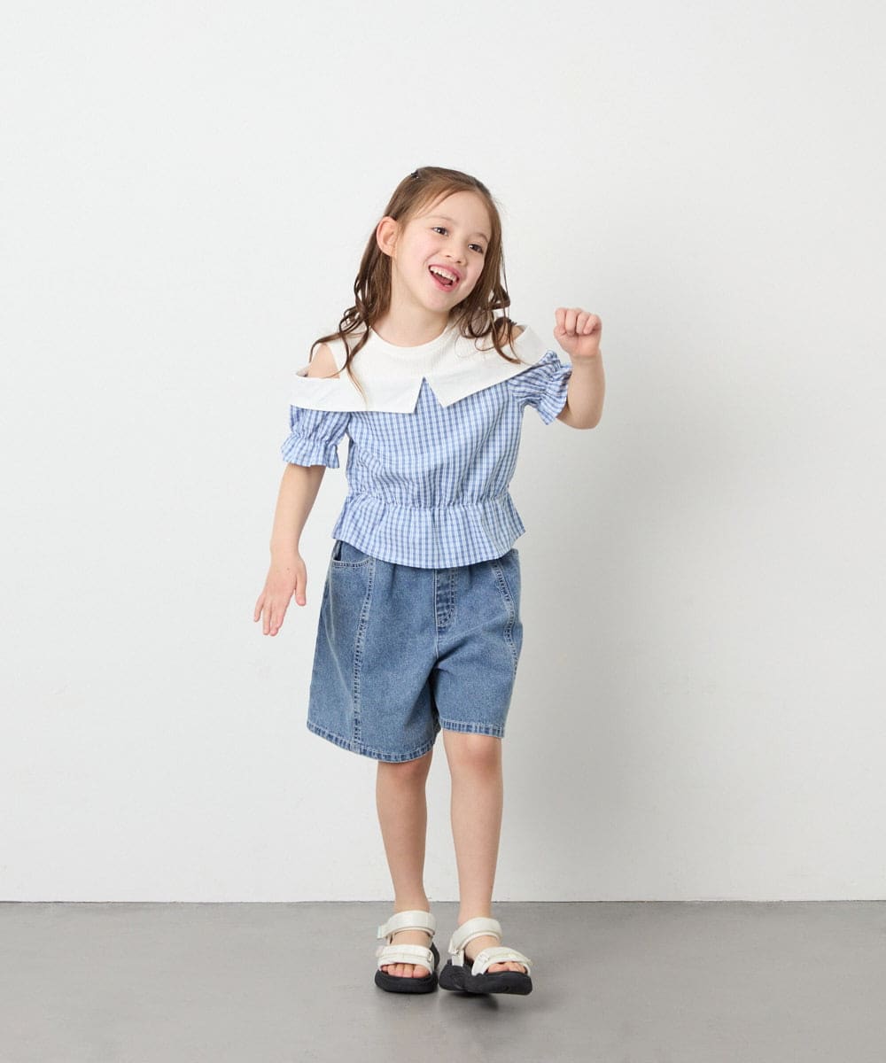 KJBFD55039 a.v.v KIDS(アー・ヴェ・ヴェ) [120-160]バイカラーチェックレイヤード風ブラウス ライトブルー