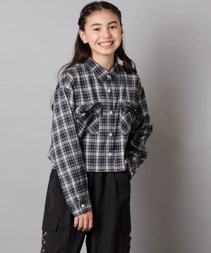 KJBJA30034 a.v.v KIDS [130-160]クロップドチェックリボンシャツ