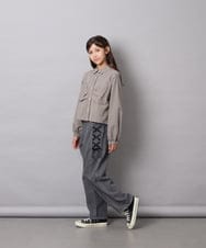 KJBJD03034 a.v.v KIDS(アー・ヴェ・ヴェ) [140-160]【ママとお揃いコーデが叶う】クロップドリボンシャツ ライトグレー