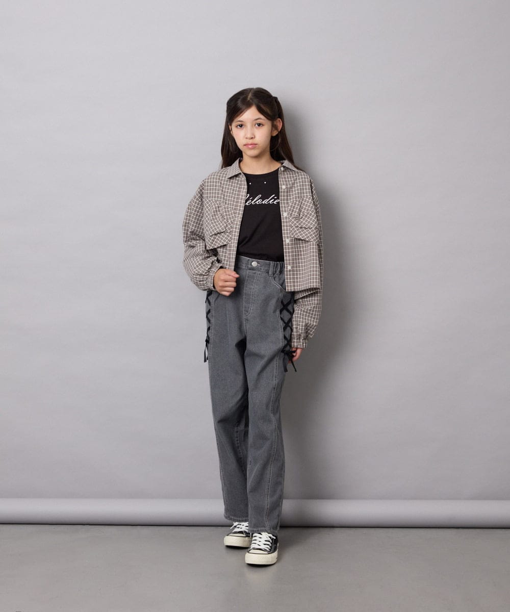 KJBJD03034 a.v.v KIDS(アー・ヴェ・ヴェ) [140-160]【ママとお揃いコーデが叶う】クロップドリボンシャツ ライトグレー