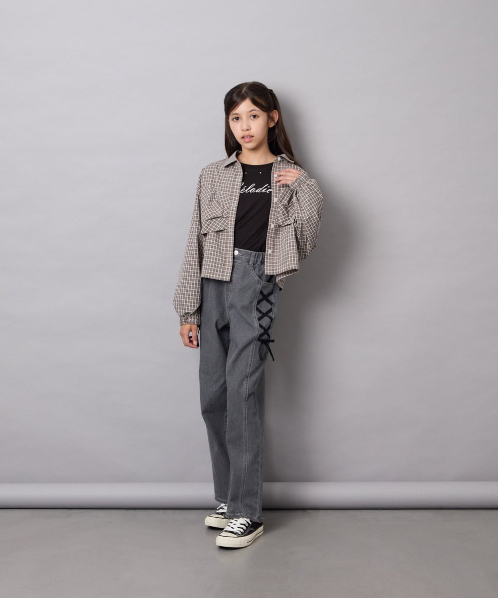 KJBJD03034 a.v.v KIDS(アー・ヴェ・ヴェ) [140-160]【ママとお揃いコーデが叶う】クロップドリボンシャツ ライトグレー