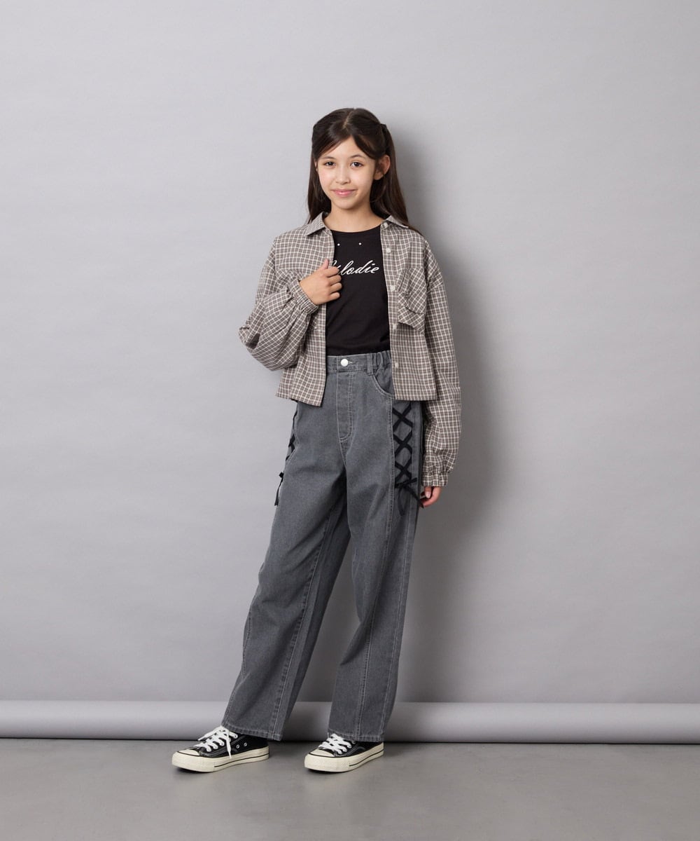 KJBJD03034 a.v.v KIDS(アー・ヴェ・ヴェ) [140-160]【ママとお揃いコーデが叶う】クロップドリボンシャツ ライトグレー