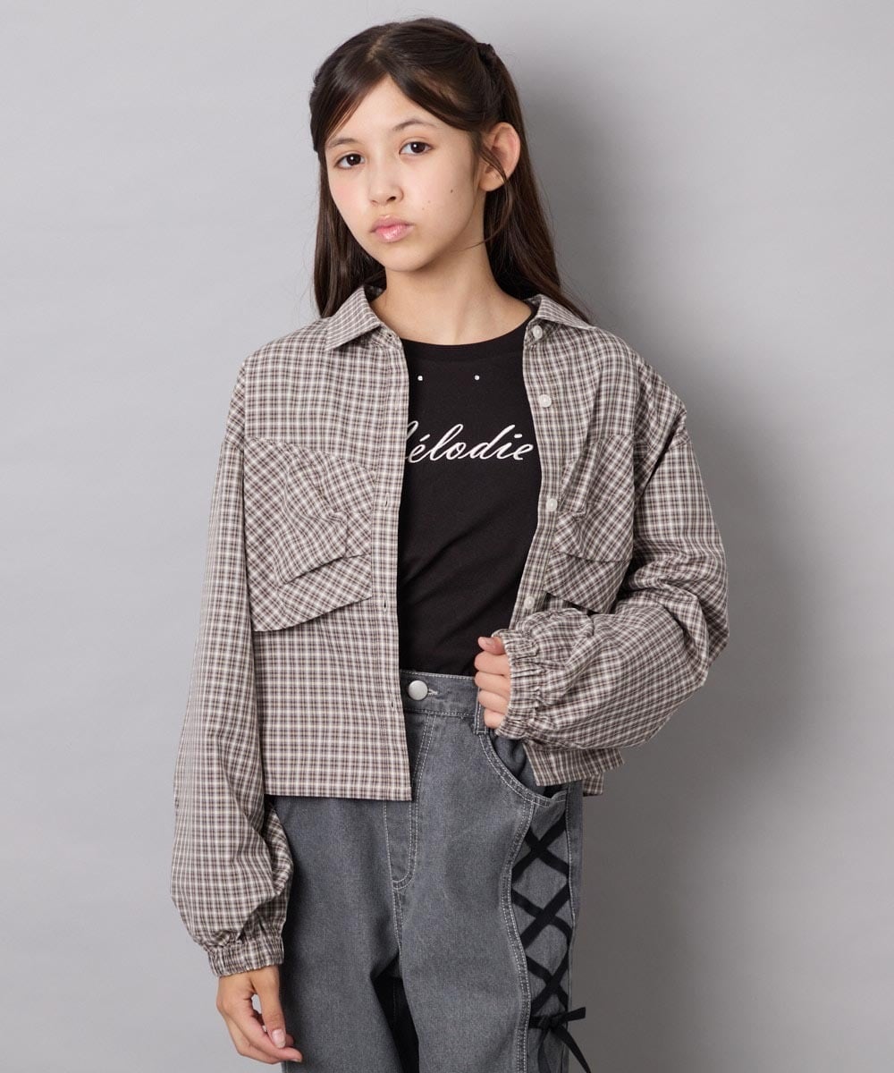 KJBJD03034 a.v.v KIDS(アー・ヴェ・ヴェ) [140-160]【ママとお揃いコーデが叶う】クロップドリボンシャツ ライトグレー