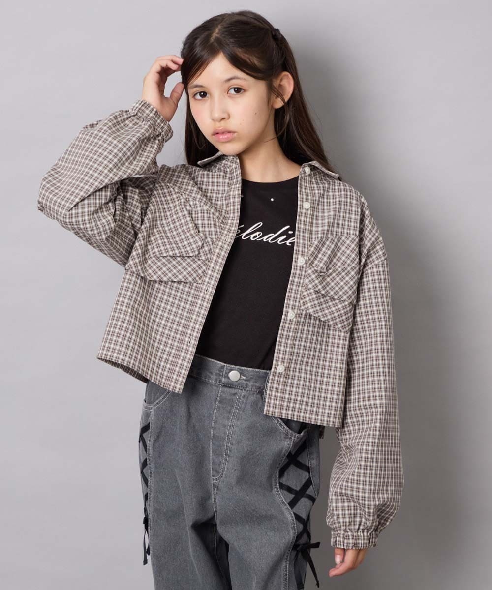 KJBJD03034 a.v.v KIDS(アー・ヴェ・ヴェ) [140-160]【ママとお揃いコーデが叶う】クロップドリボンシャツ ライトグレー