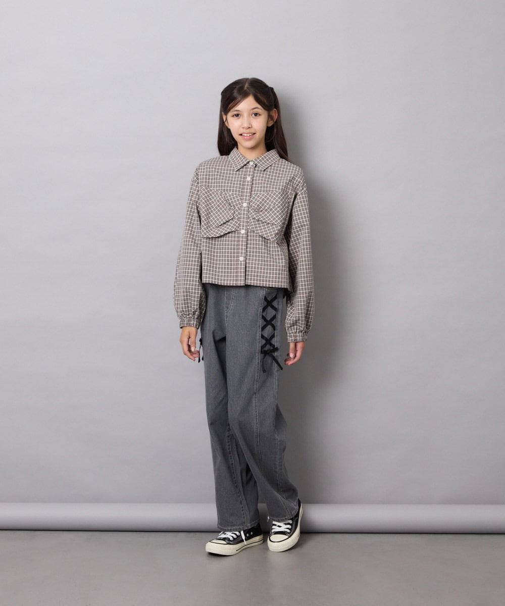 KJBJD03034 a.v.v KIDS(アー・ヴェ・ヴェ) [140-160]【ママとお揃いコーデが叶う】クロップドリボンシャツ ライトグレー