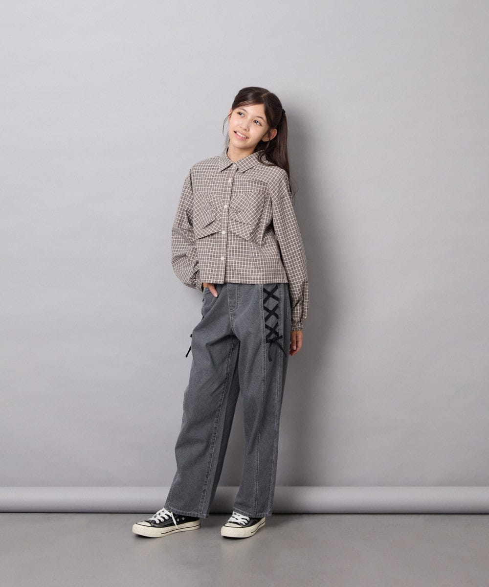 KJBJD03034 a.v.v KIDS(アー・ヴェ・ヴェ) [140-160]【ママとお揃いコーデが叶う】クロップドリボンシャツ ライトグレー