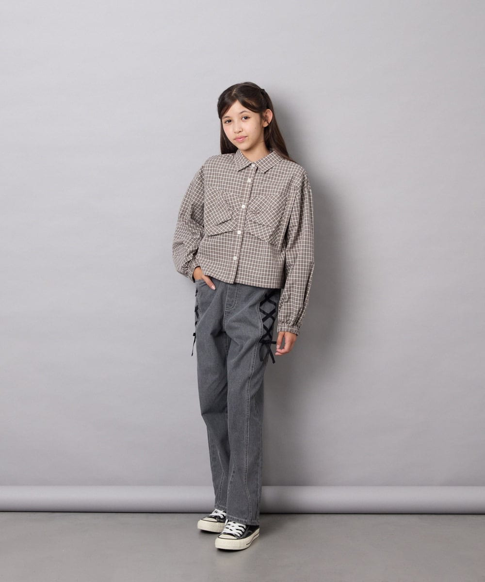 KJBJD03034 a.v.v KIDS(アー・ヴェ・ヴェ) [140-160]【ママとお揃いコーデが叶う】クロップドリボンシャツ ライトグレー