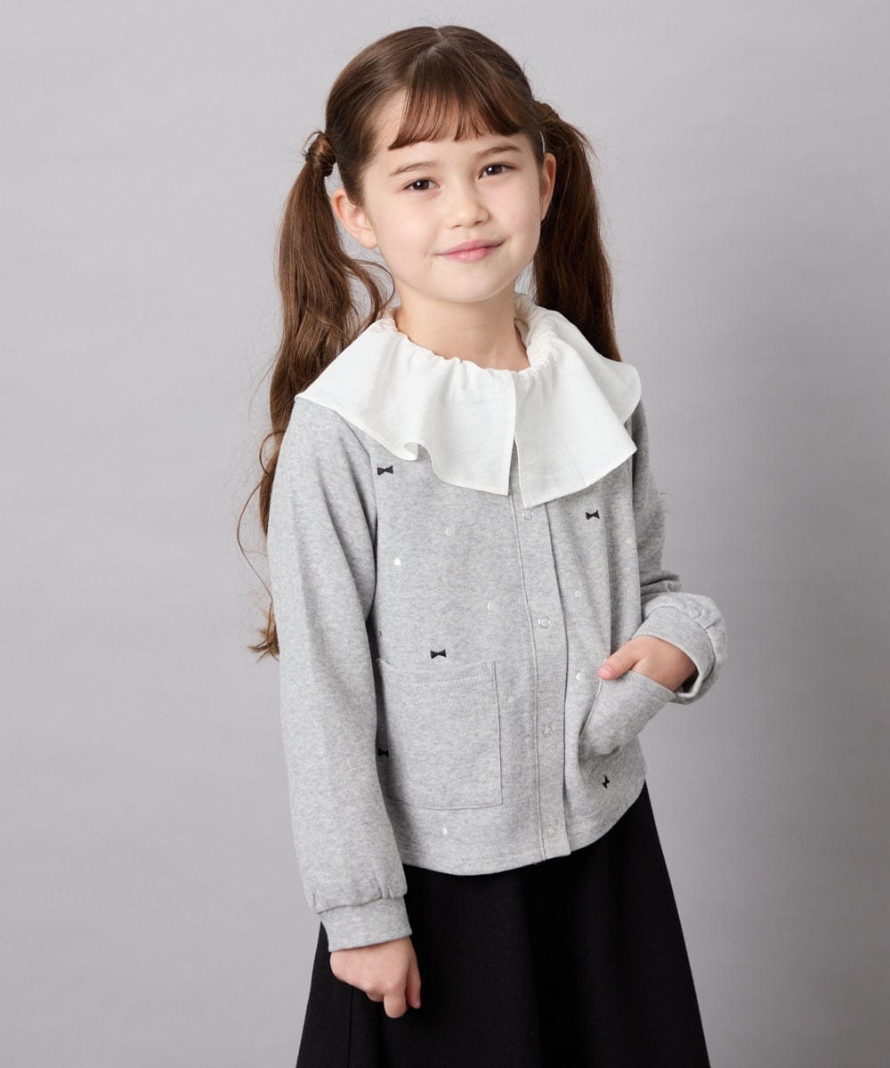 KJCJD02044 a.v.v KIDS(アー・ヴェ・ヴェ) [120-160]【洗える/イージーケア】刺繍カットソーカーディガン ライトグレー
