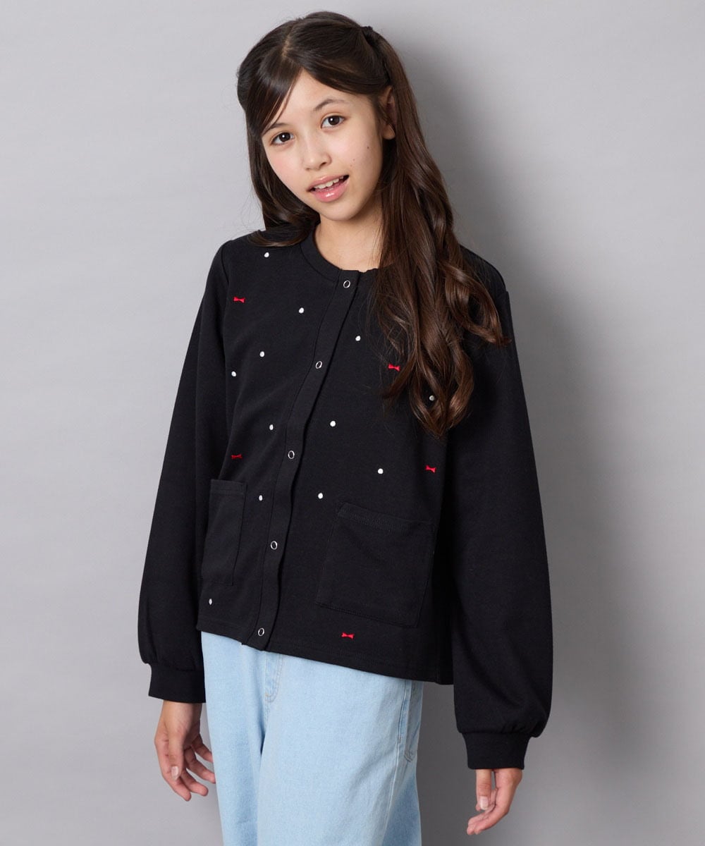 KJCJD02044 a.v.v KIDS(アー・ヴェ・ヴェ) [120-160]【洗える/イージーケア】刺繍カットソーカーディガン ブラック