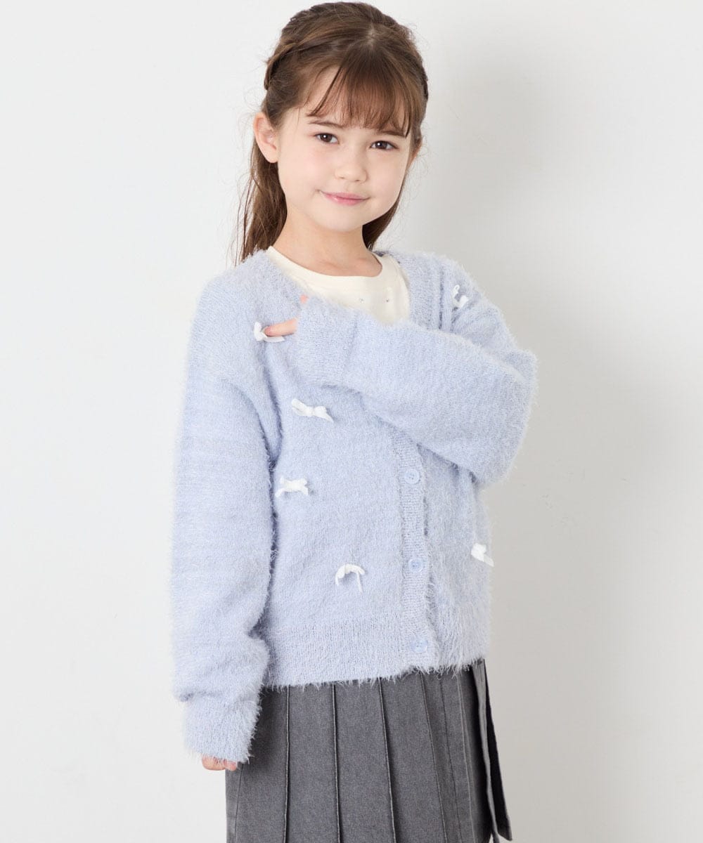 KJCLD08049 a.v.v KIDS(アー・ヴェ・ヴェ) [130-160]【洗える】リボンフェザーカーデ ライトブルー