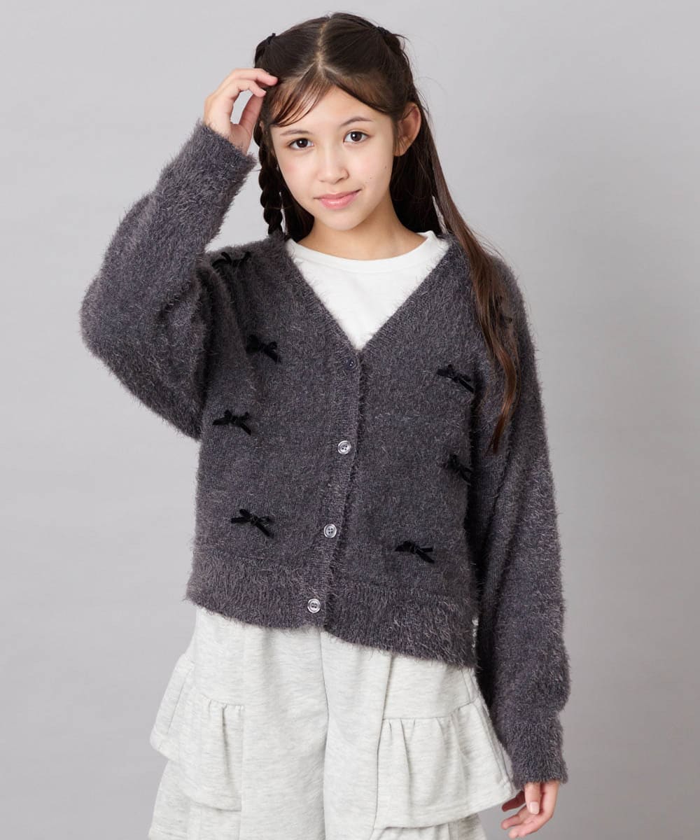 KJCLD08049 a.v.v KIDS(アー・ヴェ・ヴェ) [130-160]【洗える】リボンフェザーカーデ グレー