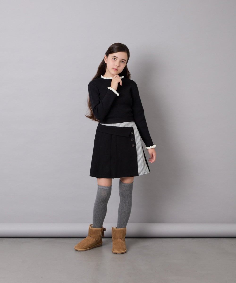 KJFAG04034 a.v.v KIDS(アー・ヴェ・ヴェ) [130-160]【手洗い】配色フリル付リブニット ブラック
