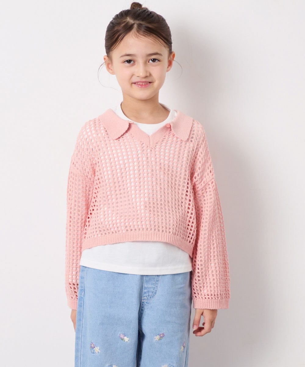 KJFED30044 a.v.v KIDS(アー・ヴェ・ヴェ) [120-160][ママとお揃いコーデが叶う]襟付きメッシュニットレイヤードトップス コーラルピンク