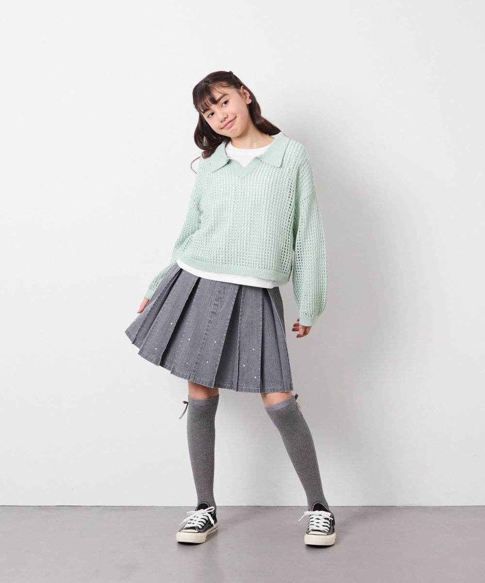 KJFED30044 a.v.v KIDS(アー・ヴェ・ヴェ) [120-160][ママとお揃いコーデが叶う]襟付きメッシュニットレイヤードトップス グリーン