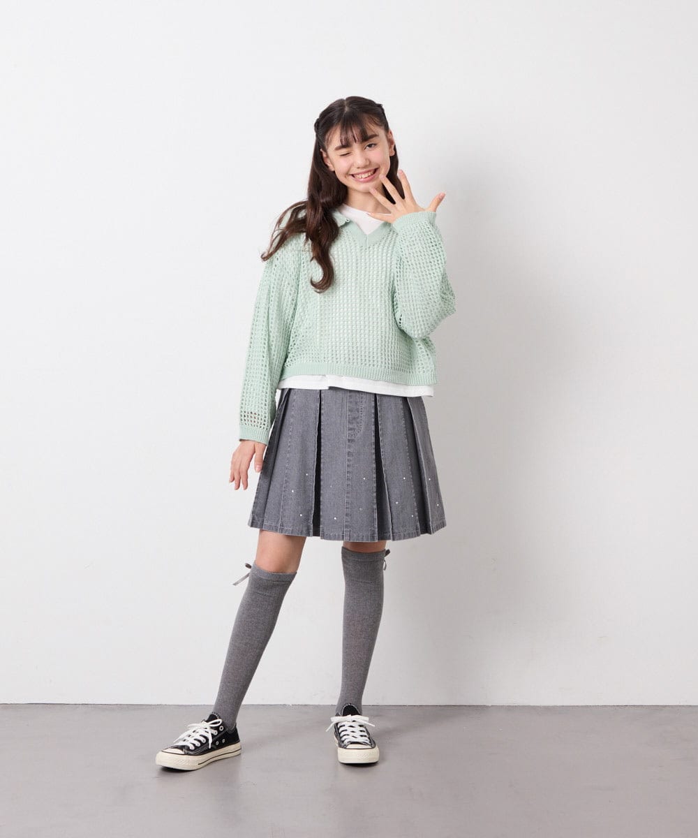 KJFED30044 a.v.v KIDS(アー・ヴェ・ヴェ) [120-160][ママとお揃いコーデが叶う]襟付きメッシュニットレイヤードトップス グリーン