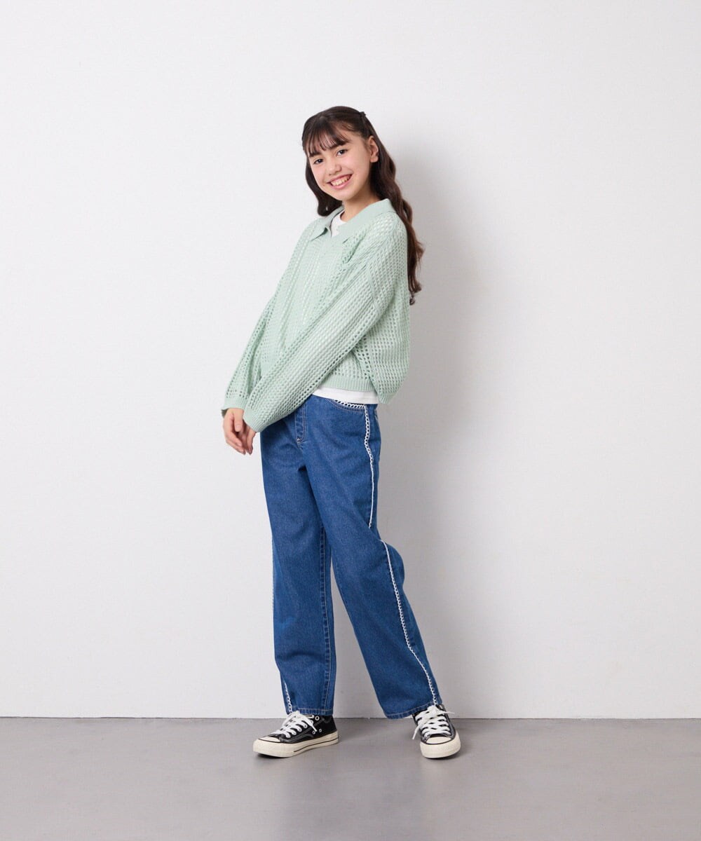 KJFED30044 a.v.v KIDS(アー・ヴェ・ヴェ) [120-160][ママとお揃いコーデが叶う]襟付きメッシュニットレイヤードトップス グリーン