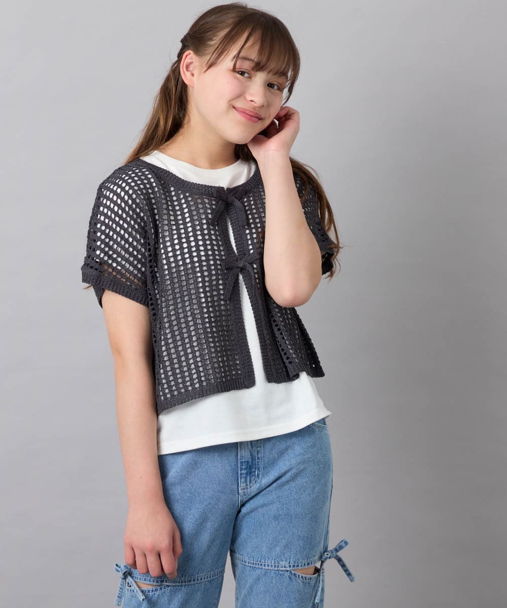 KJFGD55049 a.v.v KIDS(アー・ヴェ・ヴェ) [120-160][SET][ママとお揃いコーデが叶う]メッシュニットレイヤードトップス ダークグレー