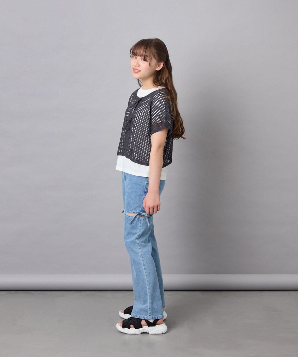 KJFGD55049 a.v.v KIDS(アー・ヴェ・ヴェ) [120-160][SET][ママとお揃いコーデが叶う]メッシュニットレイヤードトップス ダークグレー