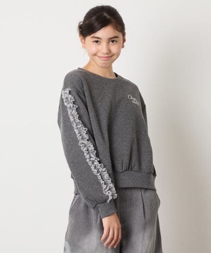 KJKAD50022 a.v.v KIDS [100-160]【WEB限定商品/裏起毛/チュールフリル/ワンポイント刺繍/クロップド丈】チュールスリーブクロップドトレーナー