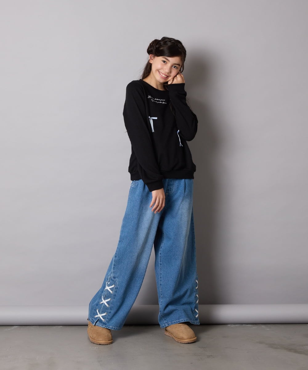 KJKAD51018 a.v.v KIDS(アー・ヴェ・ヴェ) [100-160]【WEB限定商品/サテンリボンがカワイイ】リボン付きロゴトレーナー ライトブルー