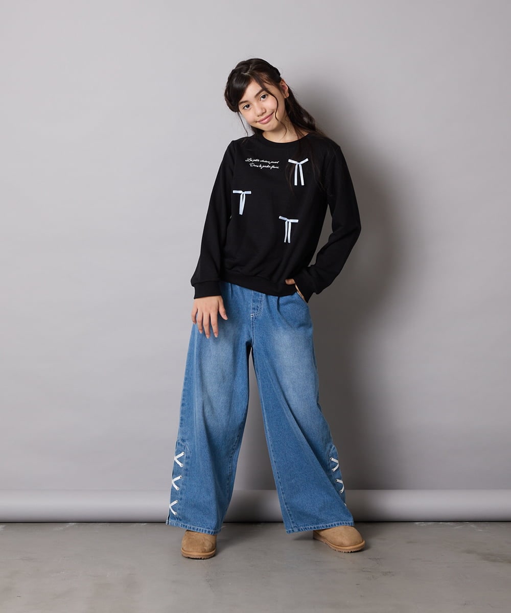 KJKAD51018 a.v.v KIDS(アー・ヴェ・ヴェ) [100-160]【WEB限定商品/サテンリボンがカワイイ】リボン付きロゴトレーナー ライトブルー