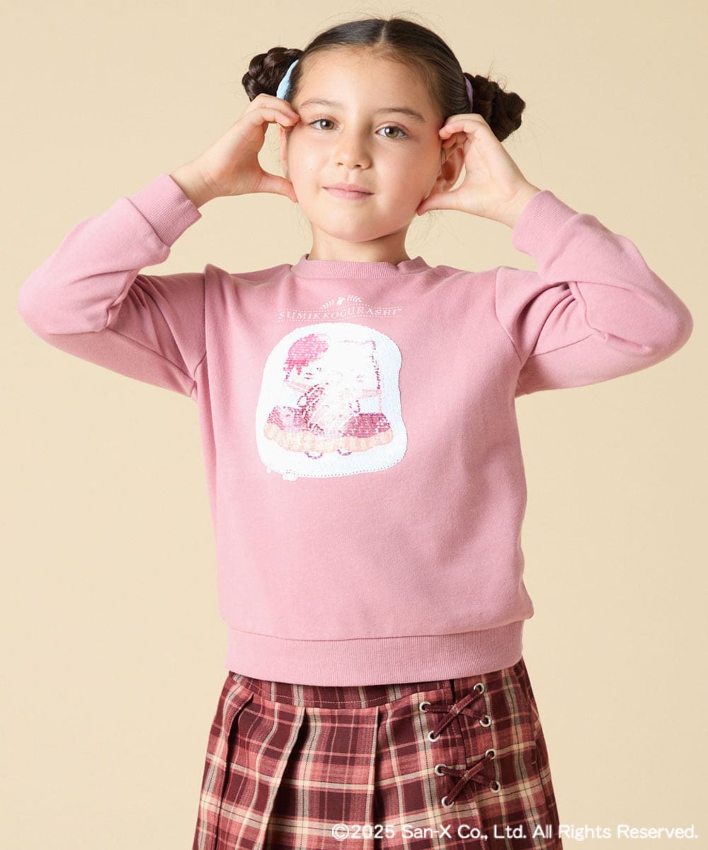 KJKAD80034 a.v.v KIDS(アー・ヴェ・ヴェ) [100-140]【a.v.v限定デザイン/アートが変わるスパンコール/しろくまとねこ/とかげとぺんぎん】すみっコぐらしスパンコールトレーナー ピンク