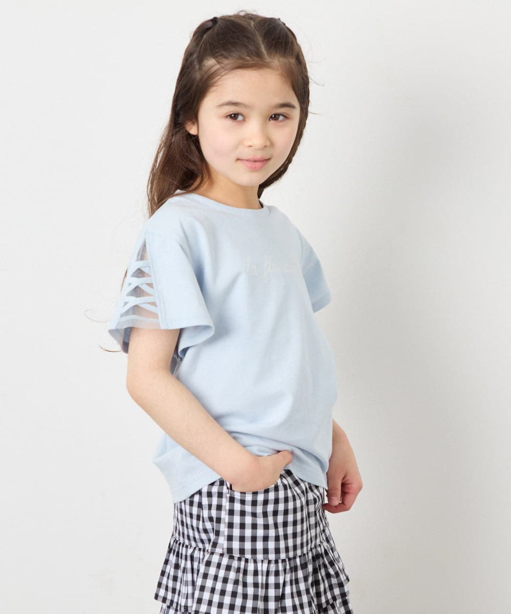 KJKFD07016 a.v.v KIDS(アー・ヴェ・ヴェ) [120-160]【接触冷感/安心の綿100％/毛玉になりにくい】レースアップスリーブTシャツ ライトブルー