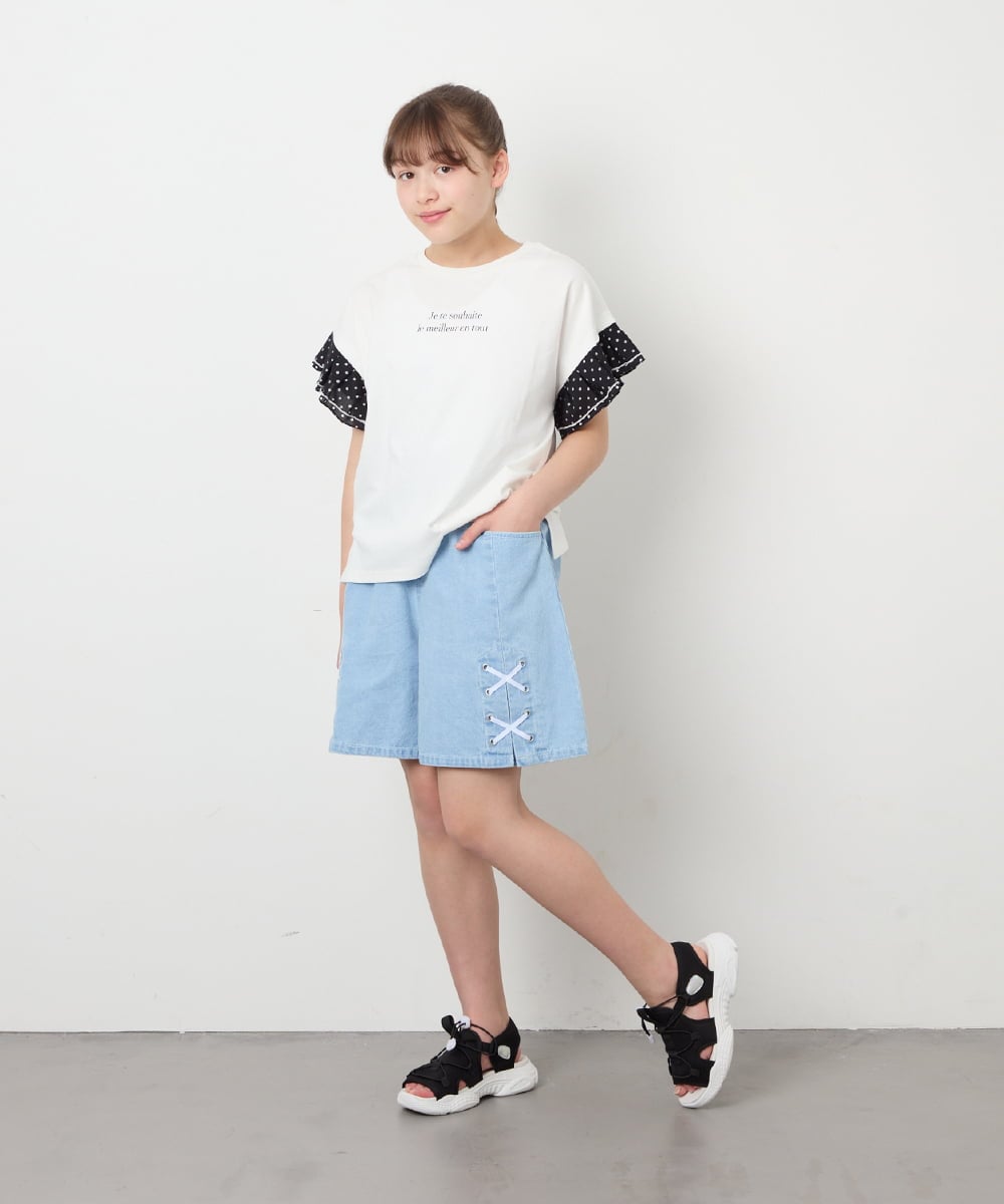 KJKGD01015 a.v.v KIDS(アー・ヴェ・ヴェ) [110-160]【WEB限定】ドットチュール袖Tシャツ ホワイト