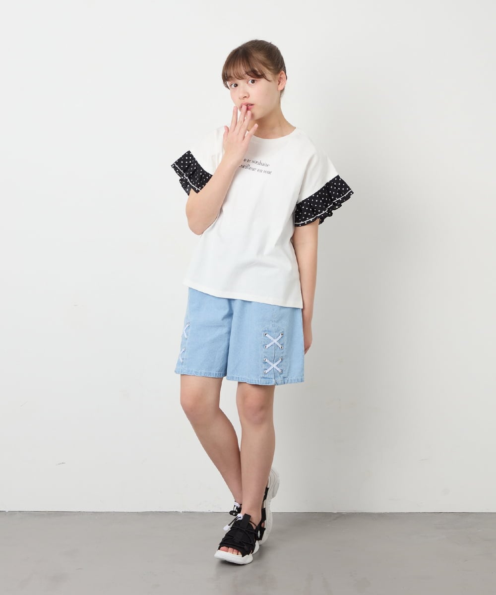 KJKGD01015 a.v.v KIDS(アー・ヴェ・ヴェ) [110-160]【WEB限定】ドットチュール袖Tシャツ ホワイト