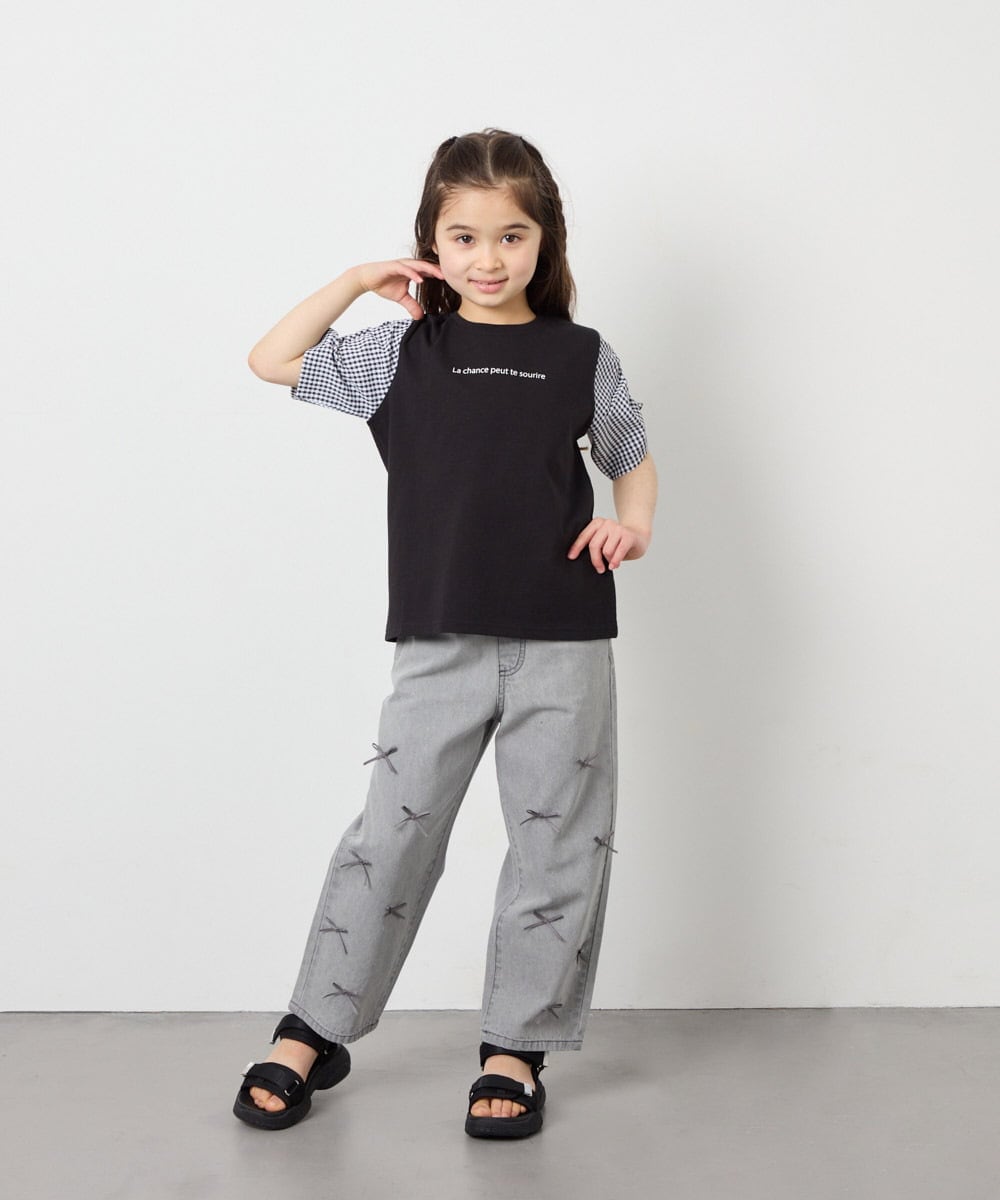 KJKGD42015 a.v.v KIDS(アー・ヴェ・ヴェ) [110-160]【WEB限定】シアーギンガムスリーブTシャツ ブラック