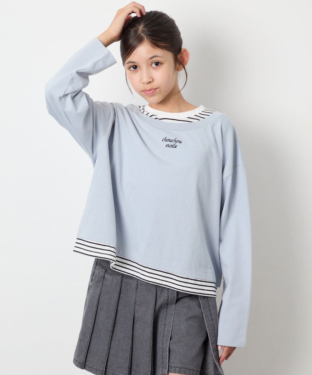 KJKJD03039 a.v.v KIDS(アー・ヴェ・ヴェ) [140-160]ボーダーレイヤード風ロングTシャツ ライトブルー