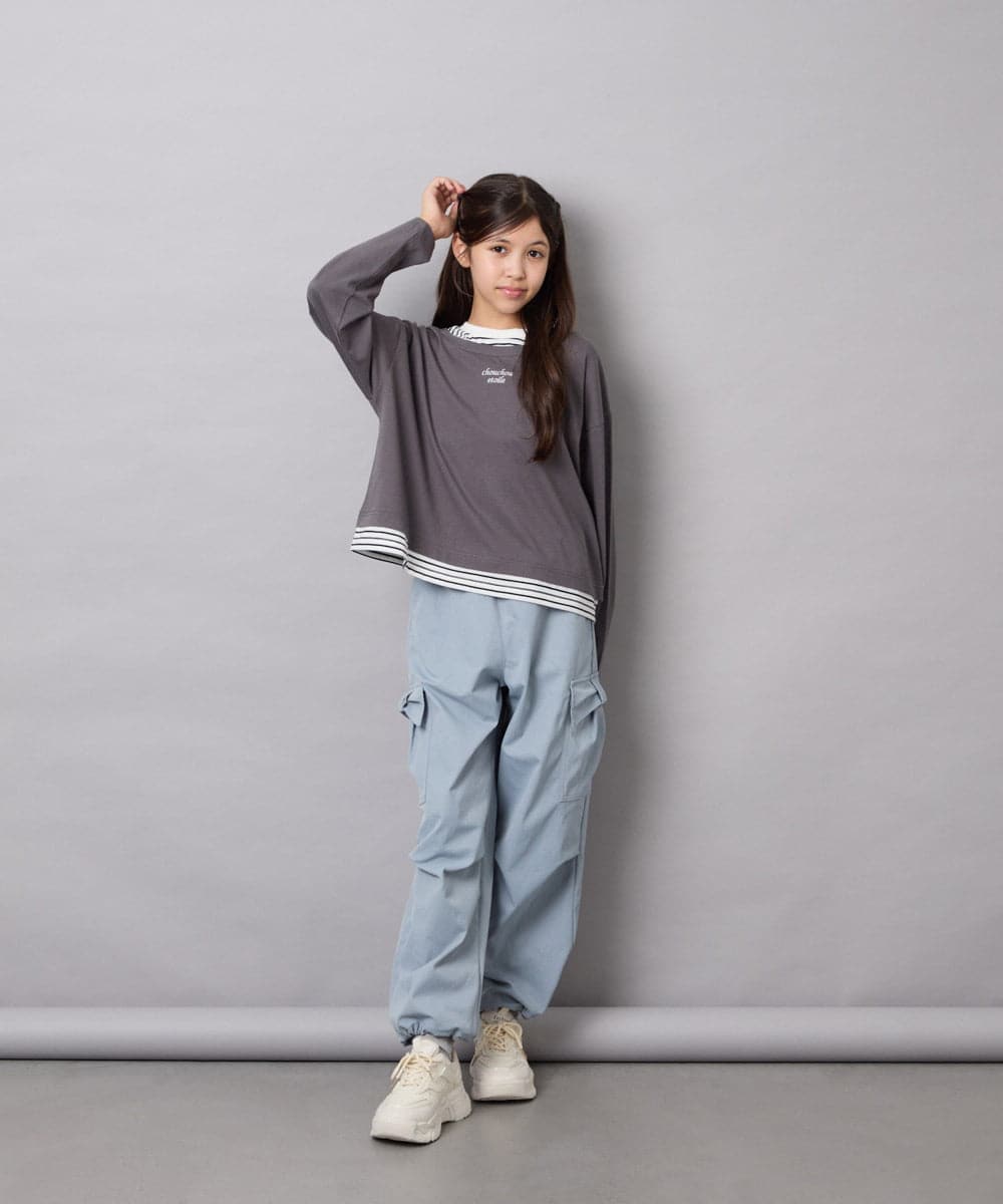 KJKJD03039 a.v.v KIDS(アー・ヴェ・ヴェ) [140-160]ボーダーレイヤード風ロングTシャツ ダークグレー