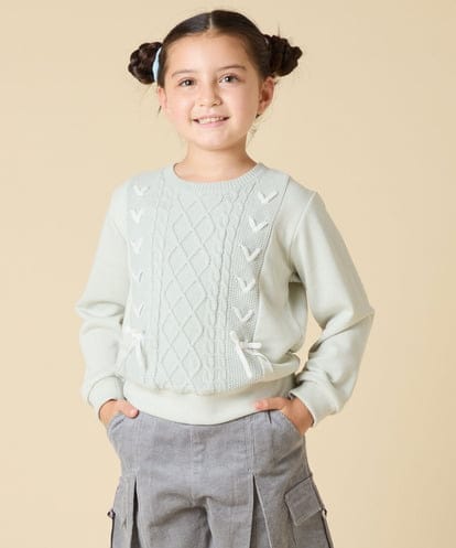 KJKLA46034 a.v.v KIDS [120-160]【通学にもオススメ/ケーブルニット×裏毛/編み上げリボン】ケーブルニットドッキングトレーナー