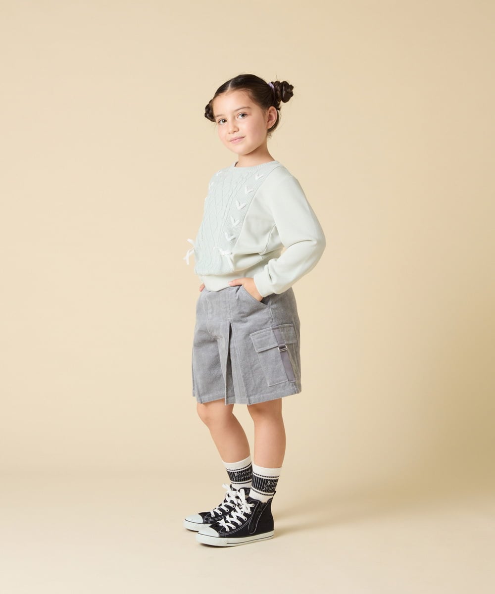 KJKLA46034 a.v.v KIDS(アー・ヴェ・ヴェ) [120-160]【通学にもオススメ/ケーブルニット×裏毛/編み上げリボン】ケーブルニットドッキングトレーナー グリーン