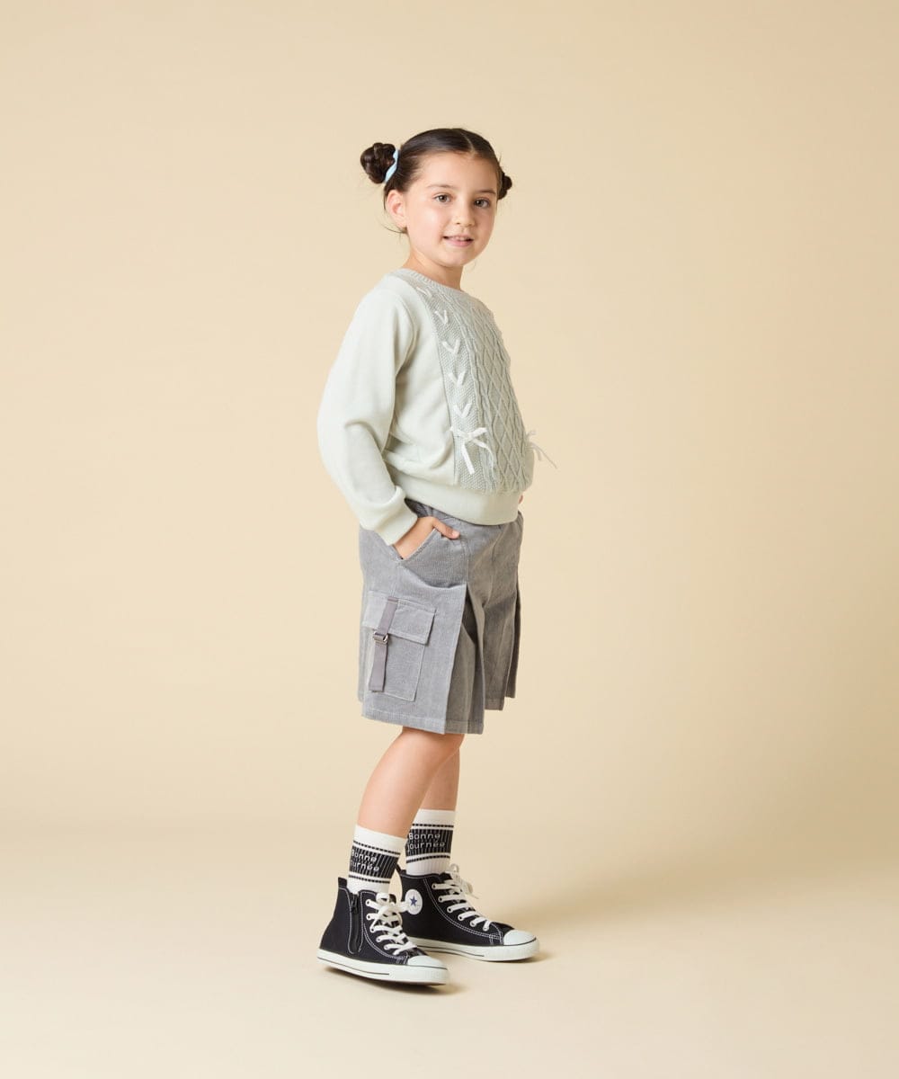 KJKLA46034 a.v.v KIDS(アー・ヴェ・ヴェ) [120-160]【通学にもオススメ/ケーブルニット×裏毛/編み上げリボン】ケーブルニットドッキングトレーナー グリーン