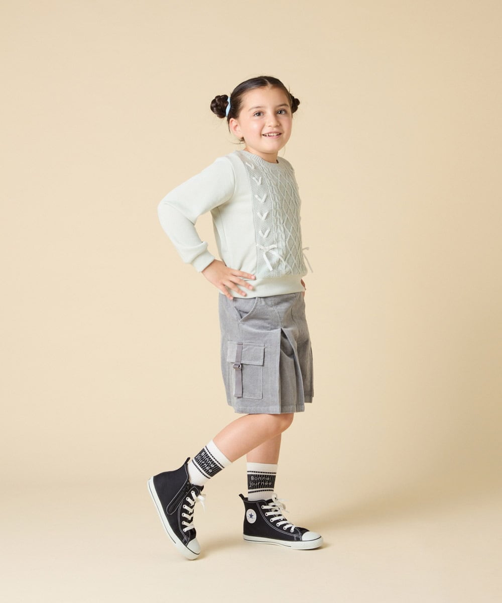KJKLA46034 a.v.v KIDS(アー・ヴェ・ヴェ) [120-160]【通学にもオススメ/ケーブルニット×裏毛/編み上げリボン】ケーブルニットドッキングトレーナー グリーン