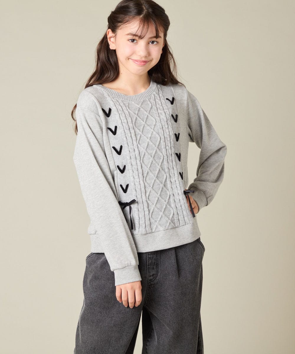 KJKLA46034 a.v.v KIDS(アー・ヴェ・ヴェ) [120-160]【通学にもオススメ/ケーブルニット×裏毛/編み上げリボン】ケーブルニットドッキングトレーナー ライトグレー