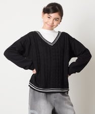 KJKLA52034 a.v.v KIDS(アー・ヴェ・ヴェ) [120-160]配色ラインケーブルニットドッキングトレーナー ライトグレー