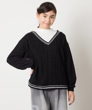 KJKLA52034 a.v.v KIDS(アー・ヴェ・ヴェ) [120-160]配色ラインケーブルニットドッキングトレーナー ブラック