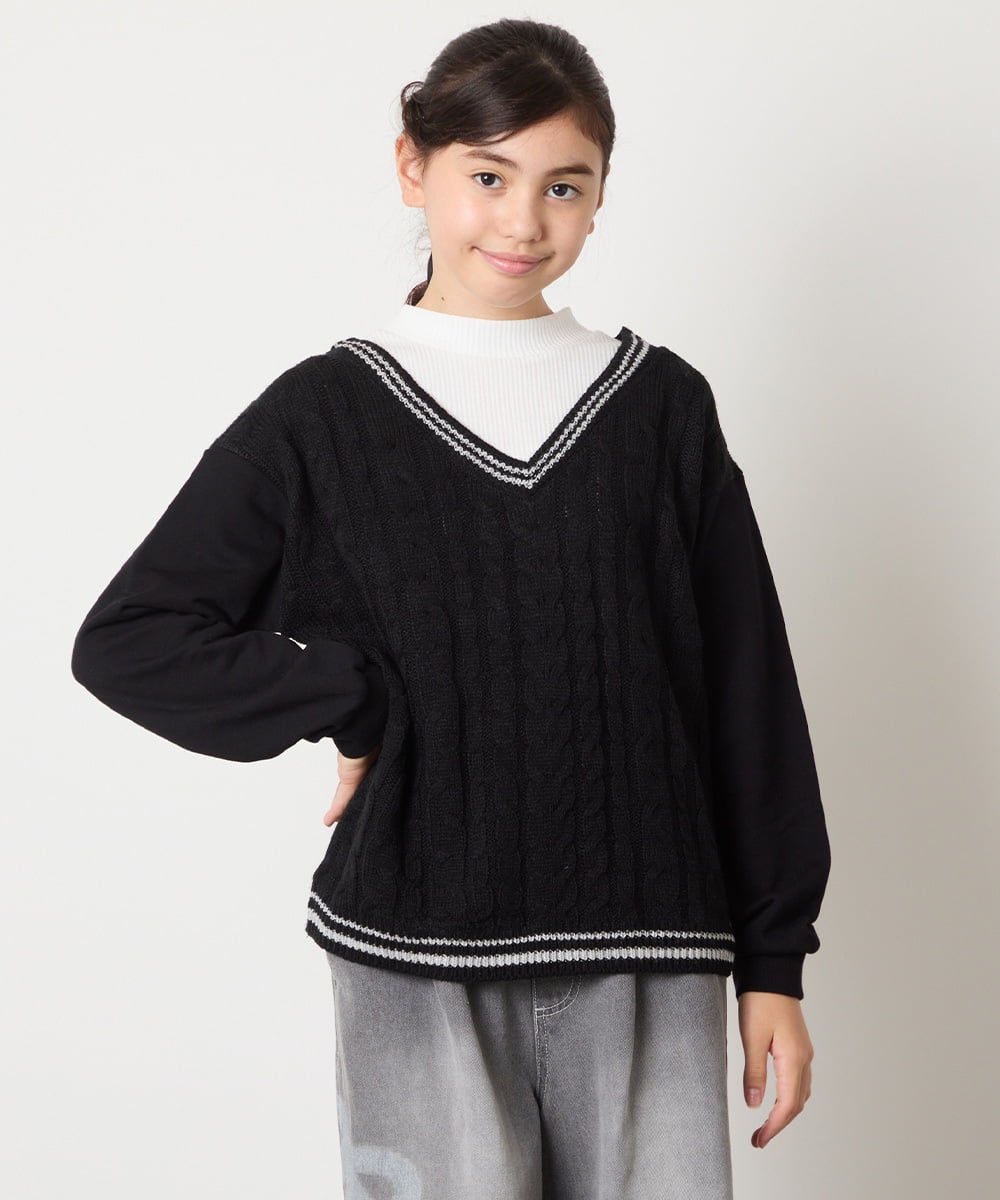 KJKLA52034 a.v.v KIDS(アー・ヴェ・ヴェ) [120-160]配色ラインケーブルニットドッキングトレーナー ブラック