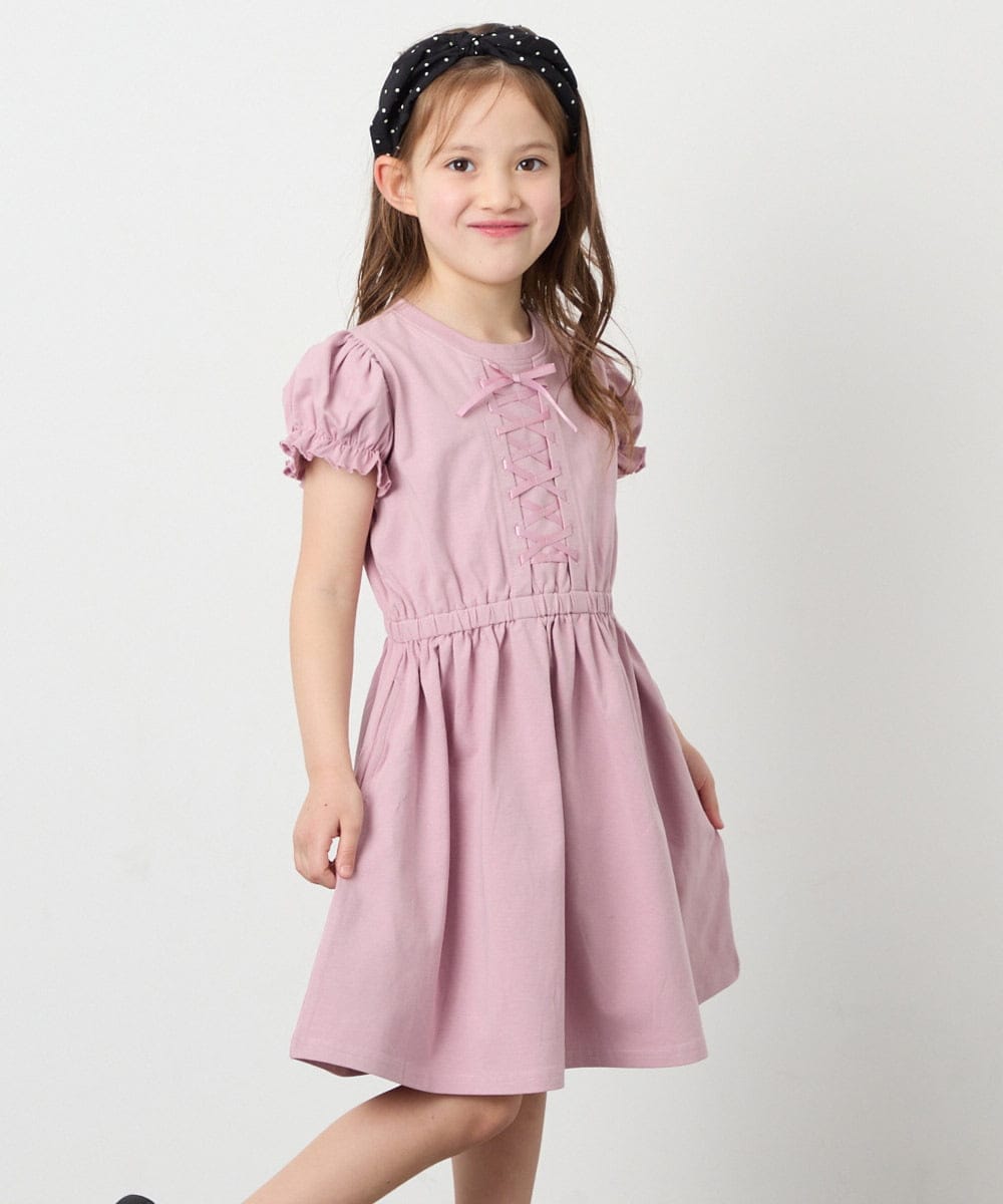 KJPGD01034 a.v.v KIDS(アー・ヴェ・ヴェ) [120-160]【接触冷感/毛玉になりにくい】レースアップフレアワンピース ピンク