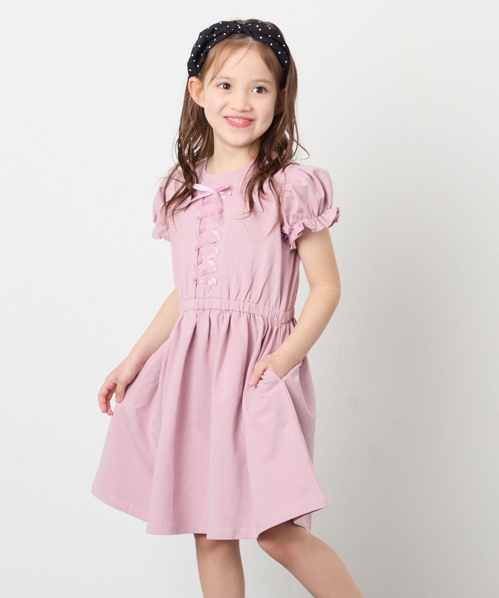 KJPGD01034 a.v.v KIDS(アー・ヴェ・ヴェ) [120-160]【接触冷感/毛玉になりにくい】レースアップフレアワンピース ピンク
